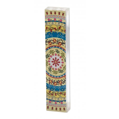 Dorit Judaica Lucite Mezuzah Case, Mandala and Pomegranates - Colorful