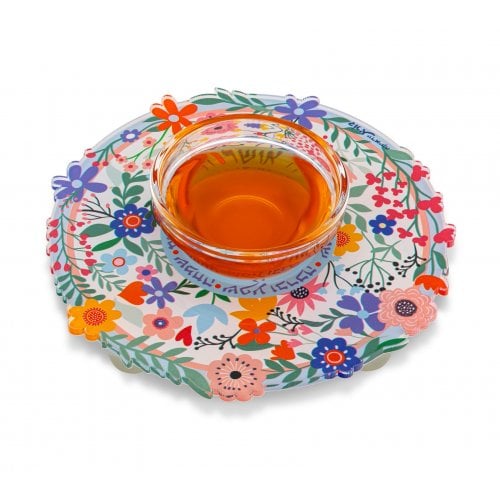 Dorit Judaica Raised Lucite Honey Dish - Colorful Flowers and Hebrew Blessings