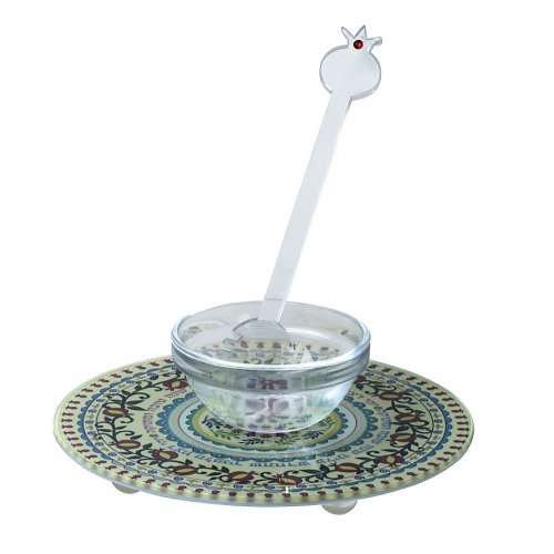 Dorit Judaica Set, Honey Dish Plate Spoon and Towel - Pomegranates