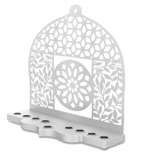 Dorit Judaica Silver Aluminum Chanukah Menorah - Leaves, Flowers and Mandala