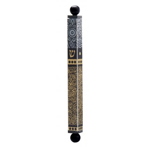 Dorit Judaica Square Tube Mezuzah Case with Knobs - Gold and Gray Leaves