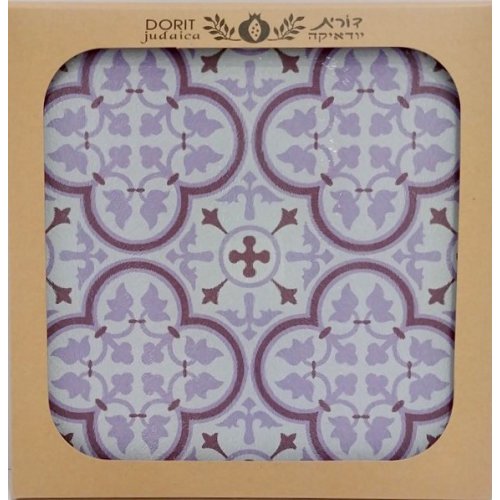 Dorit Judaica Tempered Glass Trivet with Leaf and Floral Design - Purple