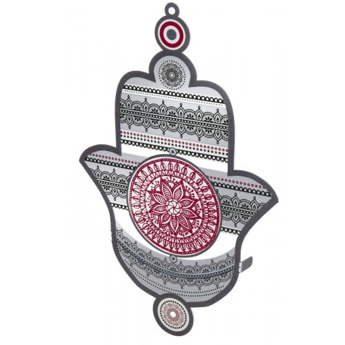 Dorit Judaica Wall Hamsa with Gray and Red Mandala Design