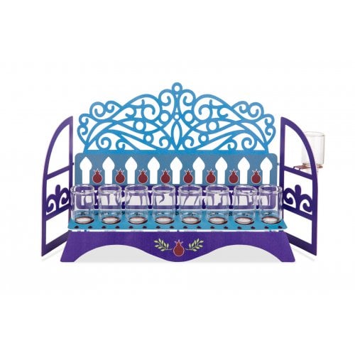 Dorit Judaica Window Chanukah Menorah with Swirls and Pomegranates - For Oil