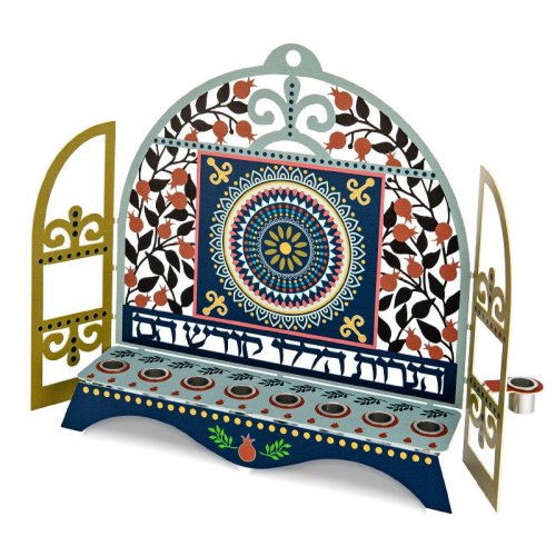 Dorit Judaica Window Menorah with Pomegranates & Hebrew Song Words - For Candles