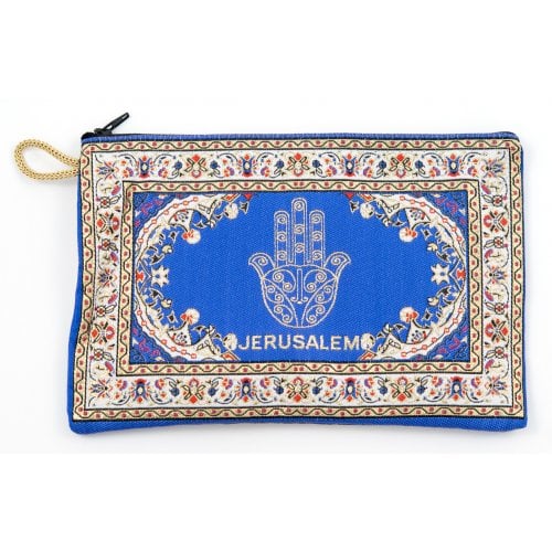 Embroidered Fabric Purse, Blue Hamsa with Oriental Design  Choice of Sizes