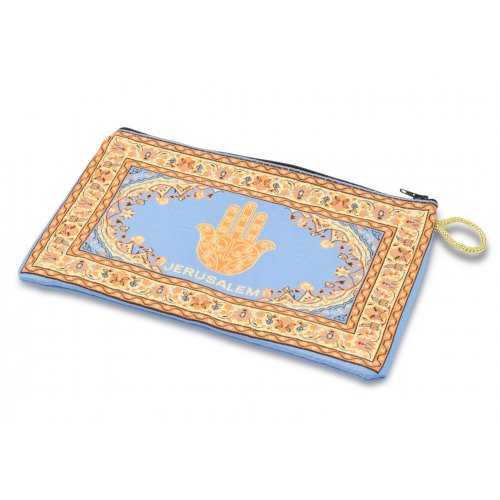 Embroidered Fabric Purse, Gold and Blue, Framed Jerusalem Hamsa