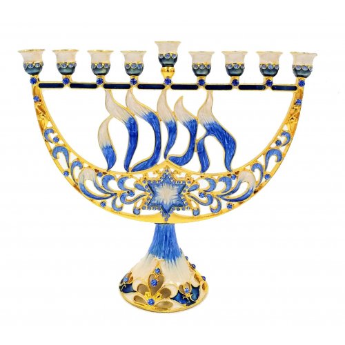 Enamel Menorah Star of David and Chanukah, Gold & Dark Blue - For Decoration