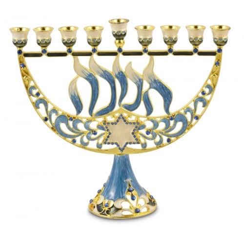 Enamel Menorah with Star of David & Chanukah, Gold & Light Blue - For Decoration