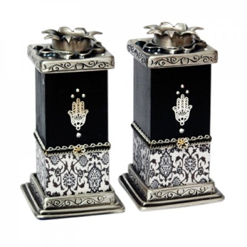 Ester Shahaf Black-White Hamsa Candlesticks