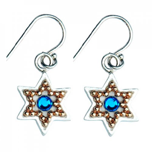 Ester Shahaf Sterling Silver Golden Bead Star of David Earrings - Blue