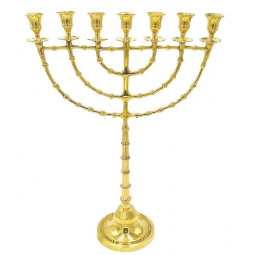 Extra Large Seven Branch Menorah, Beaded Decorations on Gold Brass  22 Inches