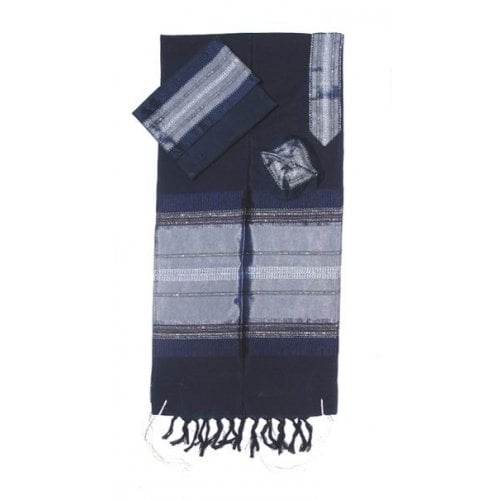 Gabrieli Handwoven Dark Blue Silk Tallit Set - Silver Stripes