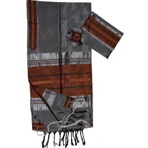 Gabrieli Handwoven Silk Gray Tallit Set - Copper Colored Stripes