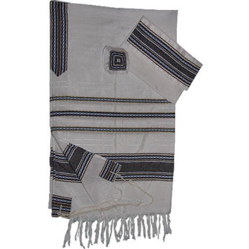 Gabrieli Handwoven White Silk Tallit Set - Blue and Gold Stripes