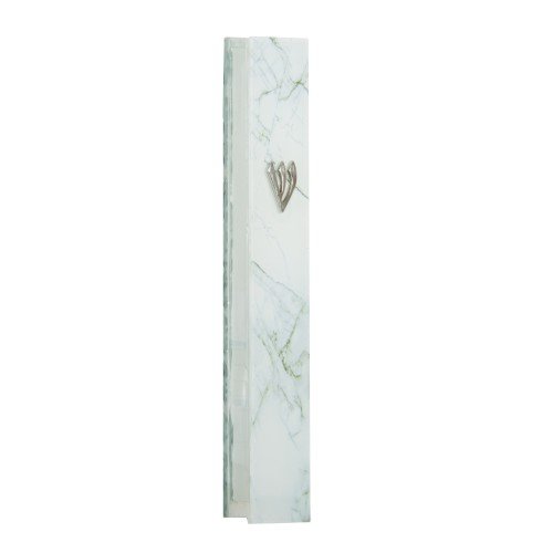 Glass Mezuzah Case with White and Gray Marble Design