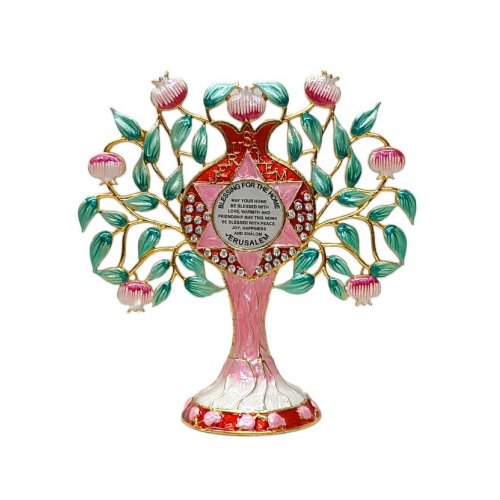 Gleaming Free Standing Enamel Pomegranate Tree, Green and Pink - Home Blessing