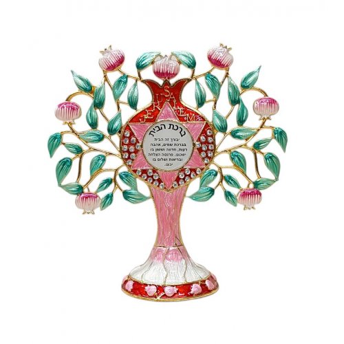 Gleaming Free Standing Enamel Pomegranate Tree, Green and Pink - Home Blessing