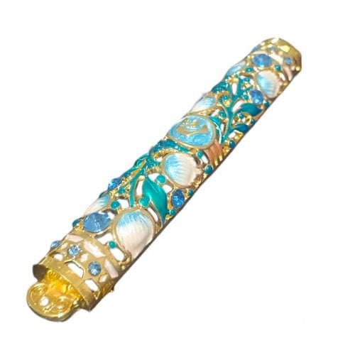 Gleaming Gold Enamel Mezuzah Case - Pomegranate and Leaf Design, Choice of Colors