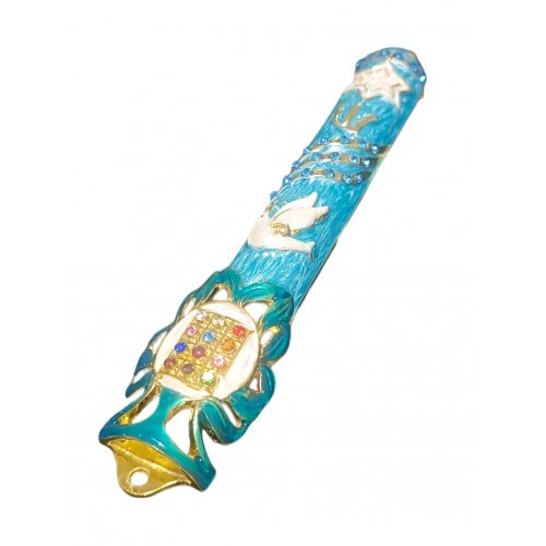 Gleaming Mezuzah Case with Dove, Breastplate and Star of David - Choice of Colors