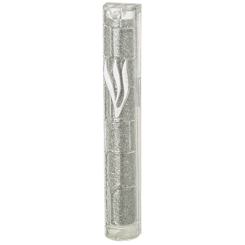 Glittering Metal Look Plastic Mezuzah Case with Western Wall Image  Silver Shin