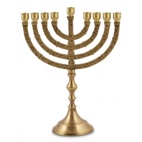 Gold Chanukah Menorah with Engraved Branches, for Candles - 10 Inches