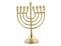 Gold Metal Chanukah Menorah, Lyre Image, For Candles - 9 Inches