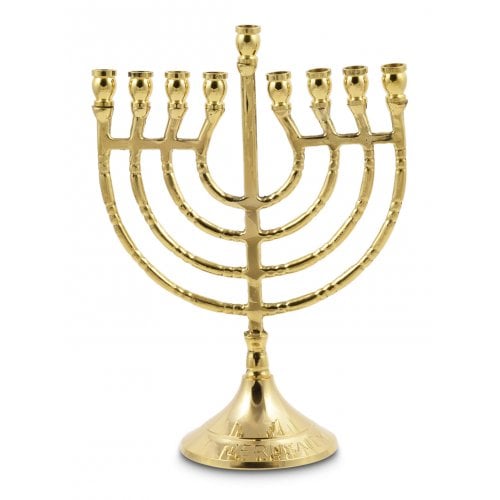 Gold Metal Chanukah Menorah, Lyre Image, For Candles - 9 Inches