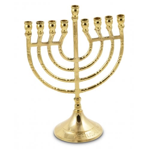 Gold Metal Chanukah Menorah, Lyre Image, For Candles - 9 Inches