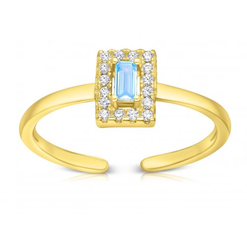 Gold Plated Sterling Silver Ring, Blue Zircon in Center Framed with Small Zircons