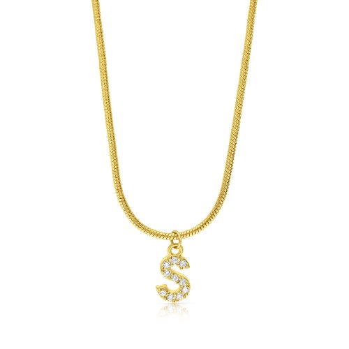 Gold Plated Sterling Silver Snake Chain Necklace with Zircon Letter Pendant