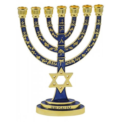 Gold with Blue Enamel 7-Branch Menorah, Judaic Emblems and Star of David  9.5