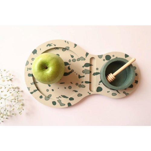 Graciela Noemi Handcrafted Apple Tray with Abstract Design and Green Honey Bowl