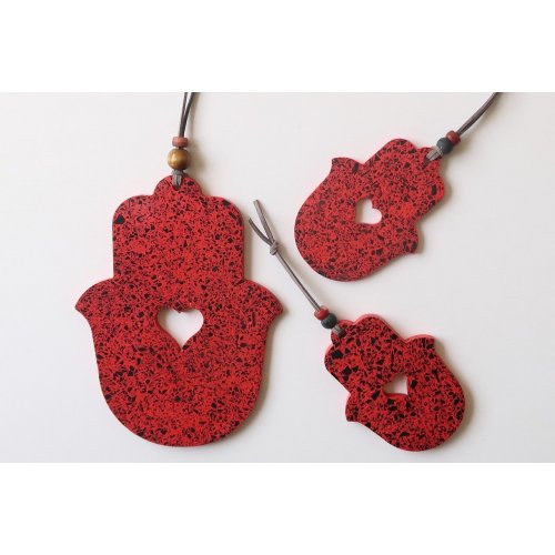 Graciela Noemi Handcrafted Terrazzo Hamsa, Cutout Heart  Red and Black Dots