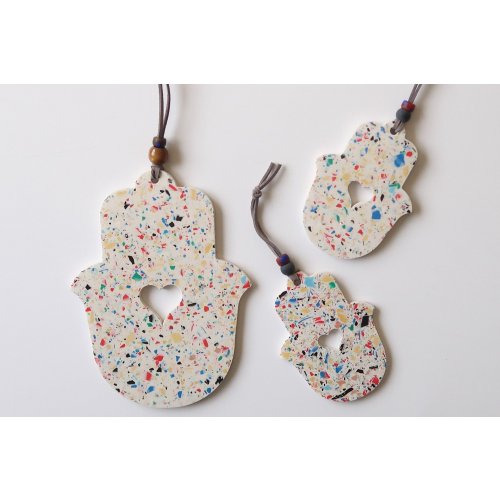 Graciela Noemi Handcrafted Terrazzo Hamsa, Cutout Heart - White and Colored Dots