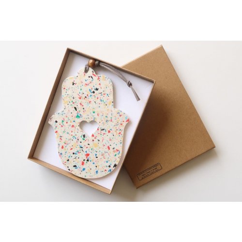 Graciela Noemi Handcrafted Terrazzo Hamsa, Cutout Heart - White and Colored Dots