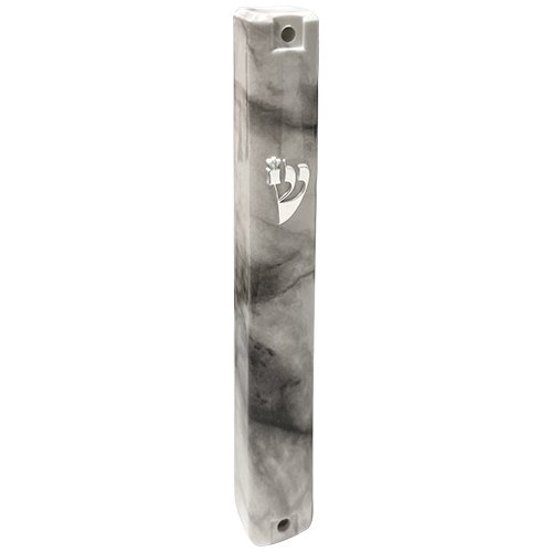 Gray Marble Look Plastic Mezuzah Case with Silver Shin - for 12 or 15 cm Scroll