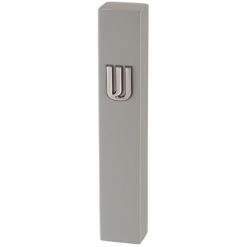 Gray Polyresin Mezuzah Case with Stone Effect, Silver Shin - For 12 cm Scroll