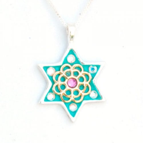 Green-Gold Flower Star of David Necklace by Ester Shahaf