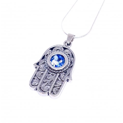 Hamsa Sterling Silver Pendant Necklace with Curving Filigree and Roman Glass