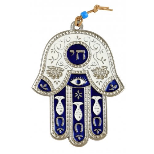 Hamsa Wall Decoration with Chai and Good Luck Symbols - Dark Blue