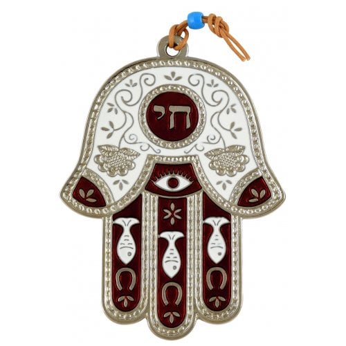 Hamsa Wall Decoration with Chai and Good Luck Symbols - Maroon