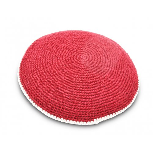 Hand Knitted Cotton Kippah - Deep Maroon with Beige Border