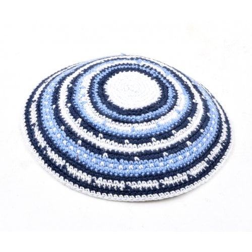 Hand Knitted Premium DMC Cotton Kippah - Blue, White and Light Blue Stripes