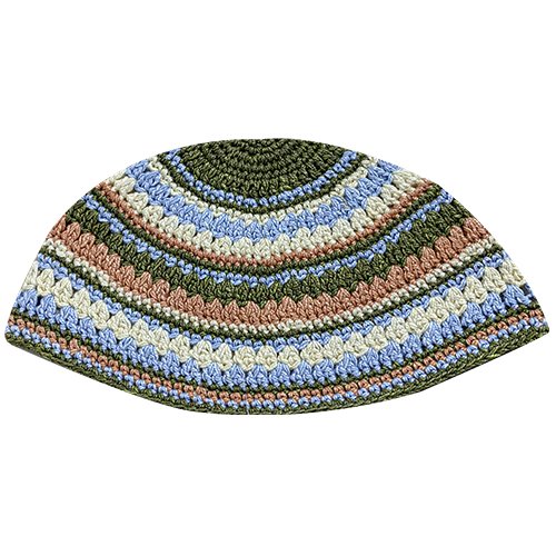 Hand Made Frik Kippah with Light Blue, Beige and Green Stripes