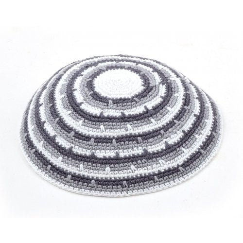 Handknitted DMC Cotton Kippah - Gray and White Circular Stripes