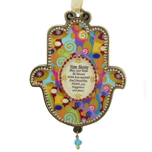 Iris Design, English Home Blessing Hamsa Wall Plaque - Colorful Beaded Pop Art