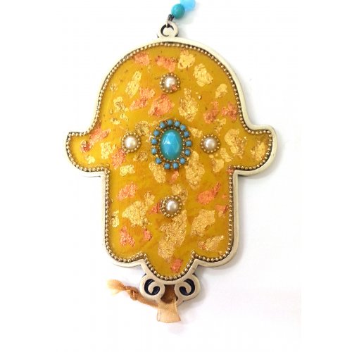 Iris Design Hand Painted Wall Hamsa, Leaf Design on Gold - Beads and Crystals