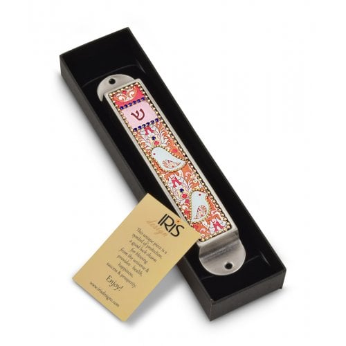 Iris Design Handcrafted Pewter & Enamel Beaded Colored Mezuzah Case - Love Birds