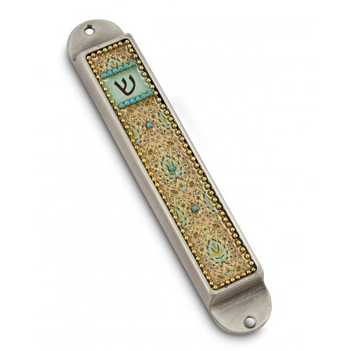 Iris Design Handcrafted Pewter & Enamel Beaded Mezuzah Case - Floral Geometrics